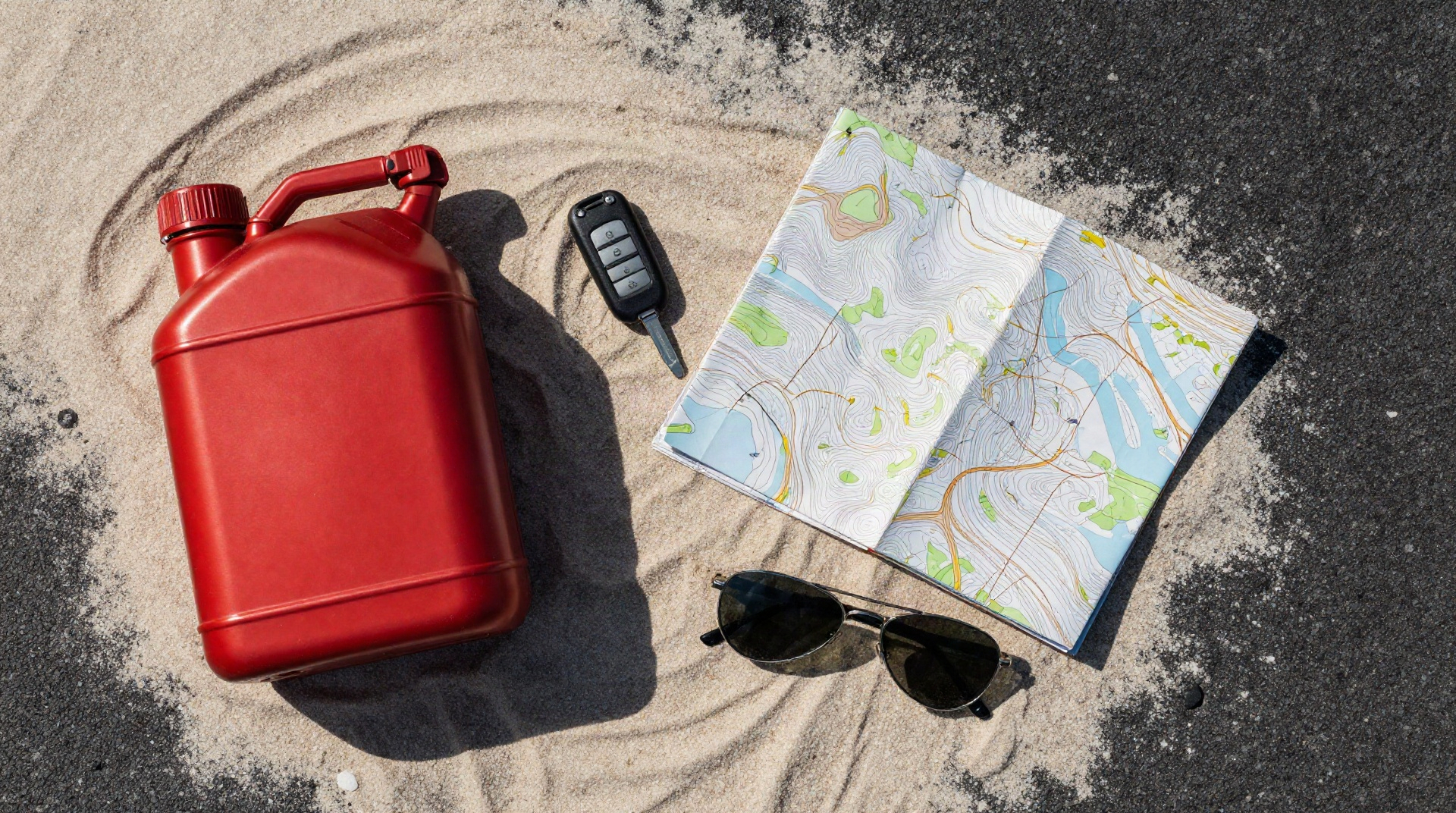 Flat lay фотография ключа от машины, красной канистры и пыльной карты на песке, символизирующая расходы на дорогу.